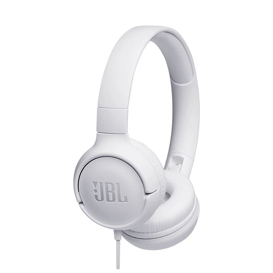 Auricular JBL Tune 500 blanco con cable y sonido Pure Bass, diseño plegable con micrófono