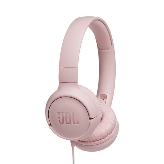 Auricular JBL Tune 500 rosa con cable y sonido Pure Bass, diseño plegable con micrófono